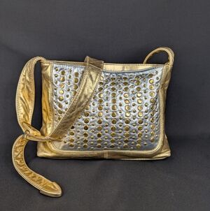 Vintage 80s DAWLI Metallic Gold Silver Studded Leather Crossbody Bag Made in USA